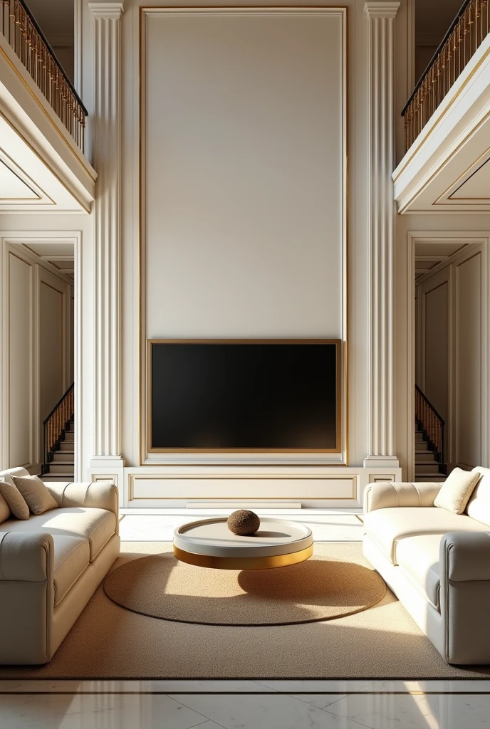Giant room with a large television and large furniture and in the background stairs to the second floor and elegant white tones,beige or gold and very large like a millionaire's house