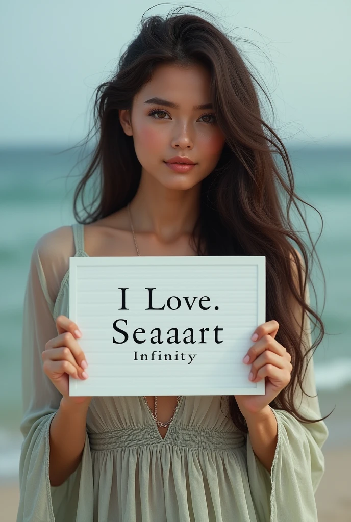 Beautiful girl with wavy long hair, bohemian dress, holding a white board with text "I Love Seaart Infinity" and showing it to the viewer