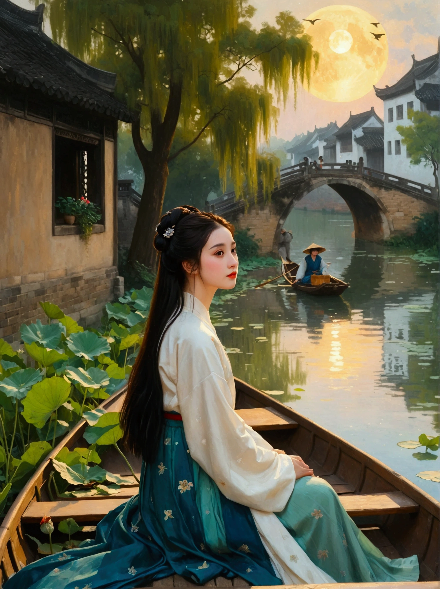 Oil painting on canvas,Etienne Adolphe Piaud, Etienne Adolphe Piot,English Pre-Raphaelite painter,Pre-Raphaelite Brotherhood, ink style, masterpiece, Fantasy Garden,Aesthetic healing,moon,Star,Beautiful and poetic,Minimalism平面插画,Jiangnan countryside in summer,Beautiful modern Wuzhen,Beautiful long-haired girl sitting in a boat,Wearing modern Hanfu,Behind is a crowded stone bridge,Super happy,joy,The skyline in the distance,A fusion of ancient and modern,Bustling tourist crowd,Full of poetry,Clean background,Dynamic,Hazy feeling,Layering,Has a stunning visual effect,Fascinating lighting,Bright and vivid colors,Chiaroscuro,Wu Guanzhong Style,Flat,Minimalism,high quality,High Detail,HD晰,masterpiece,masterpiece,The painting style is meticulous,Refreshing colors,HD,in the style of Pre-Raphaelite Brotherhood