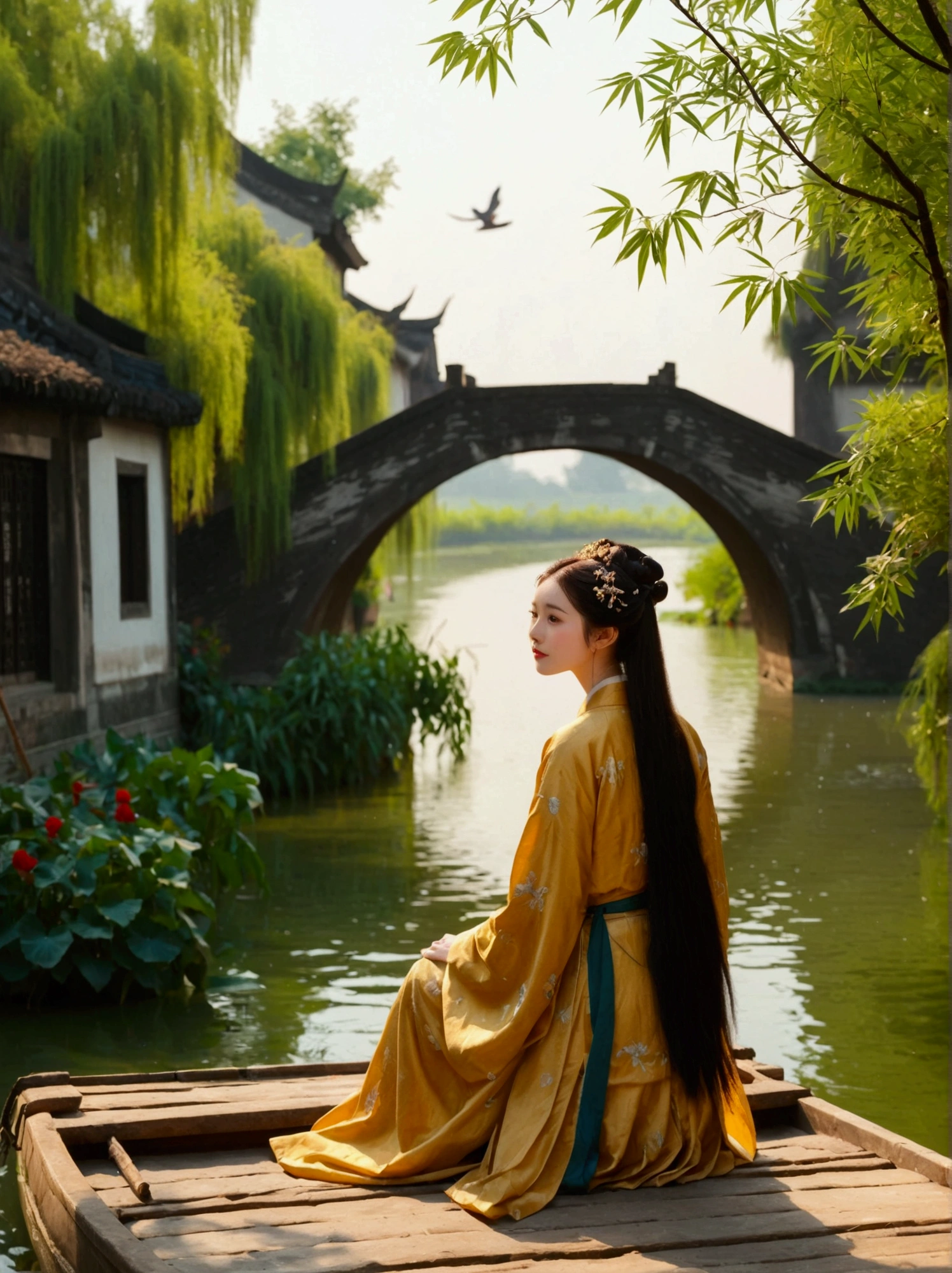Oil painting on canvas，Etienne Adolphe Piaud, Etienne Adolphe Piot，English Pre-Raphaelite painter，Pre-Raphaelite Brotherhood, ink style, masterpiece, Fantasy Garden，Aesthetic healing，moon，Star，Beautiful and poetic，Minimalism平面插画，Jiangnan countryside in summer，Beautiful modern Wuzhen，Beautiful long-haired girl sitting in a boat，Wearing modern Hanfu，Behind is a crowded stone bridge，Super happy，joy，The skyline in the distance，A fusion of ancient and modern，Bustling tourist crowd，Full of poetry，Clean background，Dynamic，Hazy feeling，Layering，Has a stunning visual effect，Fascinating lighting，Bright and vivid colors，Chiaroscuro，Wu Guanzhong Style，Flat，Minimalism，high quality，High Detail，HD晰，masterpiece，masterpiece，The painting style is meticulous，Refreshing colors，HD，in the style of Pre-Raphaelite Brotherhood