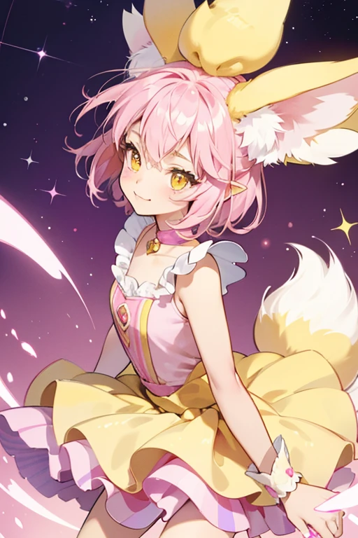 Fritter is a pink girl Fennec fox with dark pink, yellow, and blue stripes all over her body. Fritter also has dark pink ears and tail, and yellow cheeks. SPARKLE; GLITTER