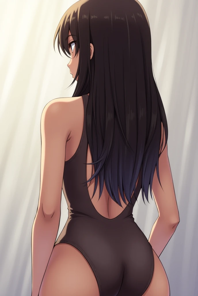 1girl, from behind, ass, looking back, long hair, bodysuit,