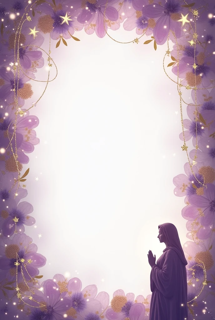 Frame for a novena invitation card and religious celebration in lilac and gold with the silhouette of a virgin