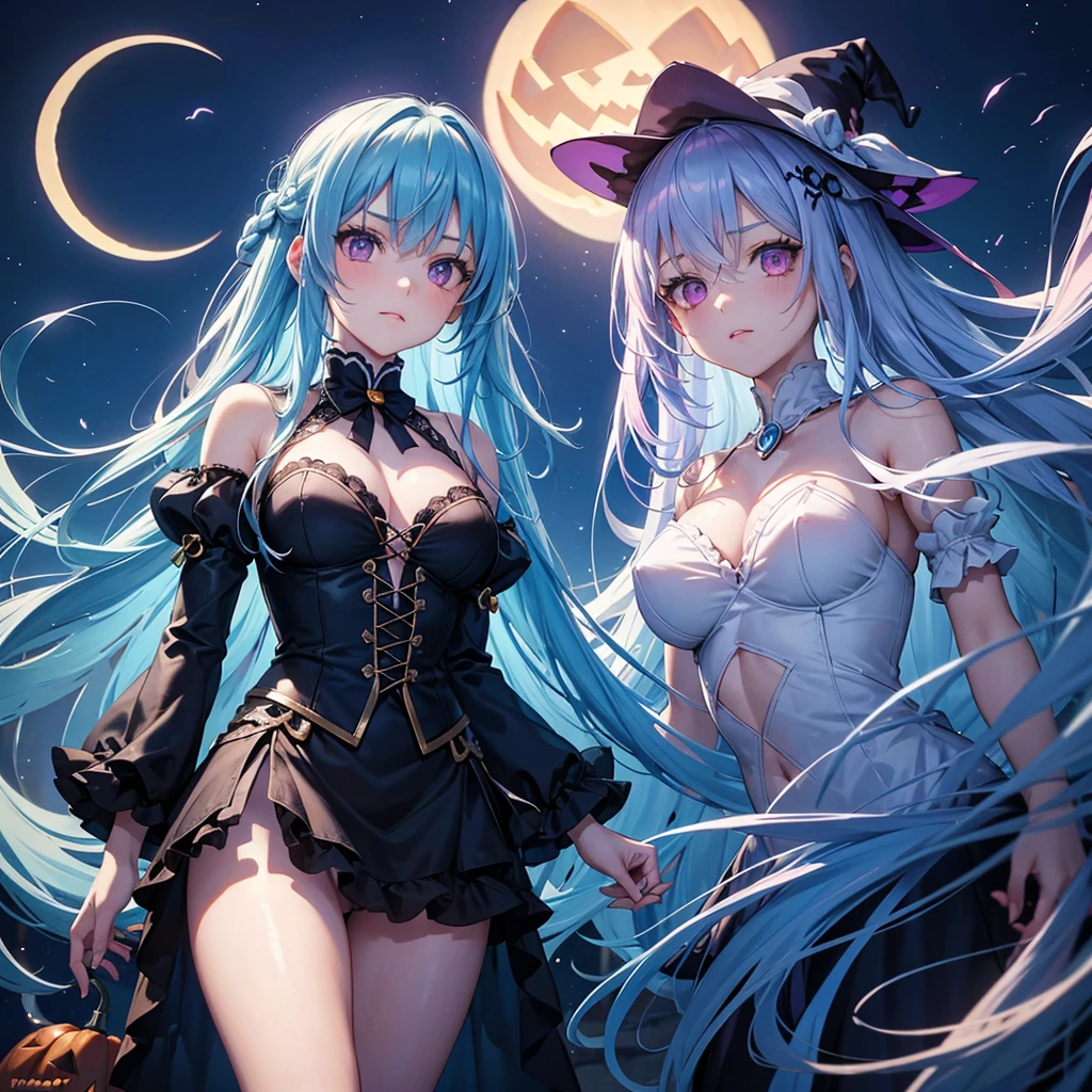 (Sky Blue Hair),(Braided medium hair), (Pink Eyes),Fair skin) ,(whole body),(One Girl),(Crescent Moon),(There are many pumpkin ghosts in the background),(Trick or Treat),Halloween Night Party),(masterpiece, Highest quality, Very detailed, Best Shadow), (Detailed Background), (Beautifully detailed face), High Contrast, (Best lighting, Very delicate and beautiful), ((Cinematic Light)), Hyper Detail,8k, Dramatic Light, Intricate details,Witch's Clothes,Magic broom,night,Flying bats in the sky,