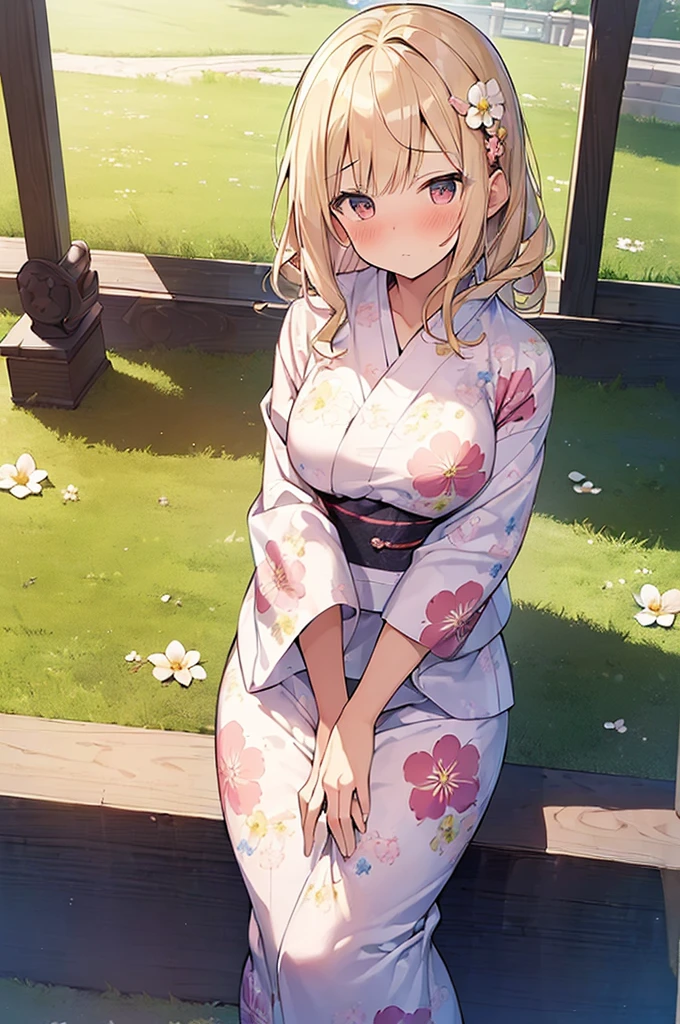 (Masterpiece, Top quality:1.5), nsfw, (from front, from above:1.2), 1 beautiful girl, solo, sitting, Blonde, medium Hair, wavy Hair, asymmetry bangs, swept bangs, airy hair, medium breasts, 16 year old, (flower printed yukata :1.3), nervous:1.2, (blush:1.4), beautiful scene of outdoor