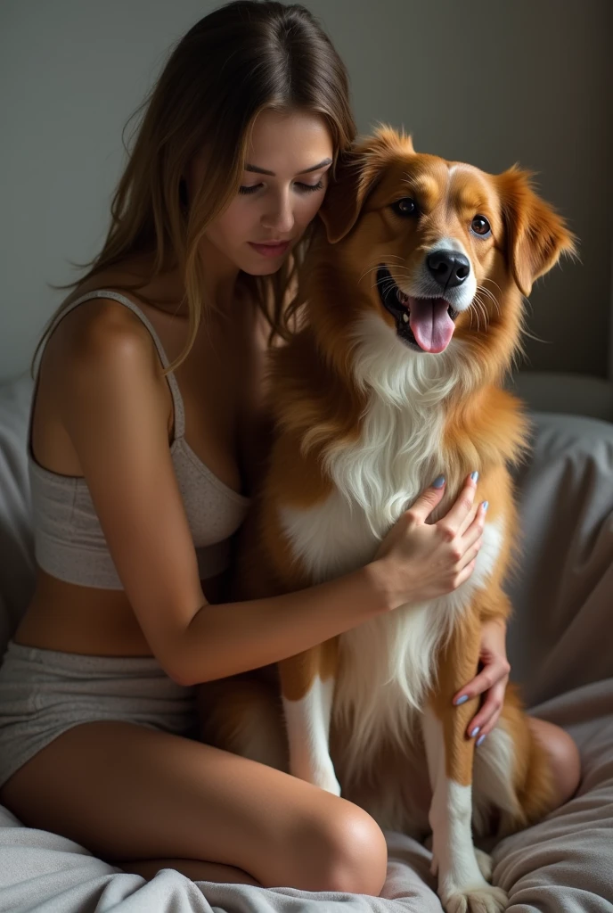masterpiece、highest quality、realistic、A 30-year-old beauty is hugging a very large brown dog with its tongue out、Completely naked、(Completely naked1.2)、beautiful breasts、full body shot、Bedroom、The sun rises