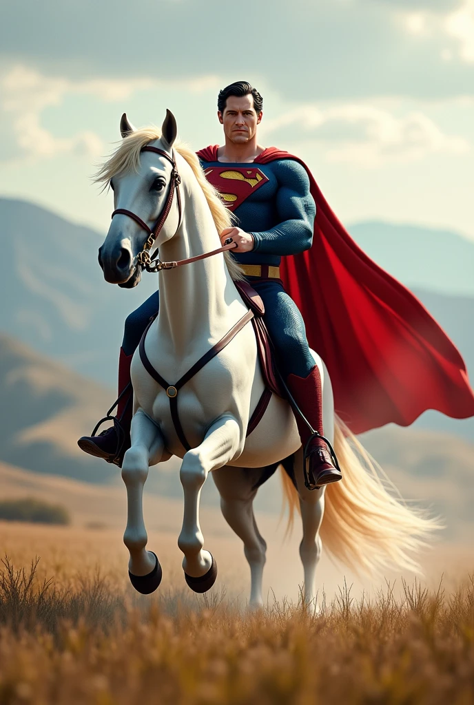Superman galloping on a white horse 