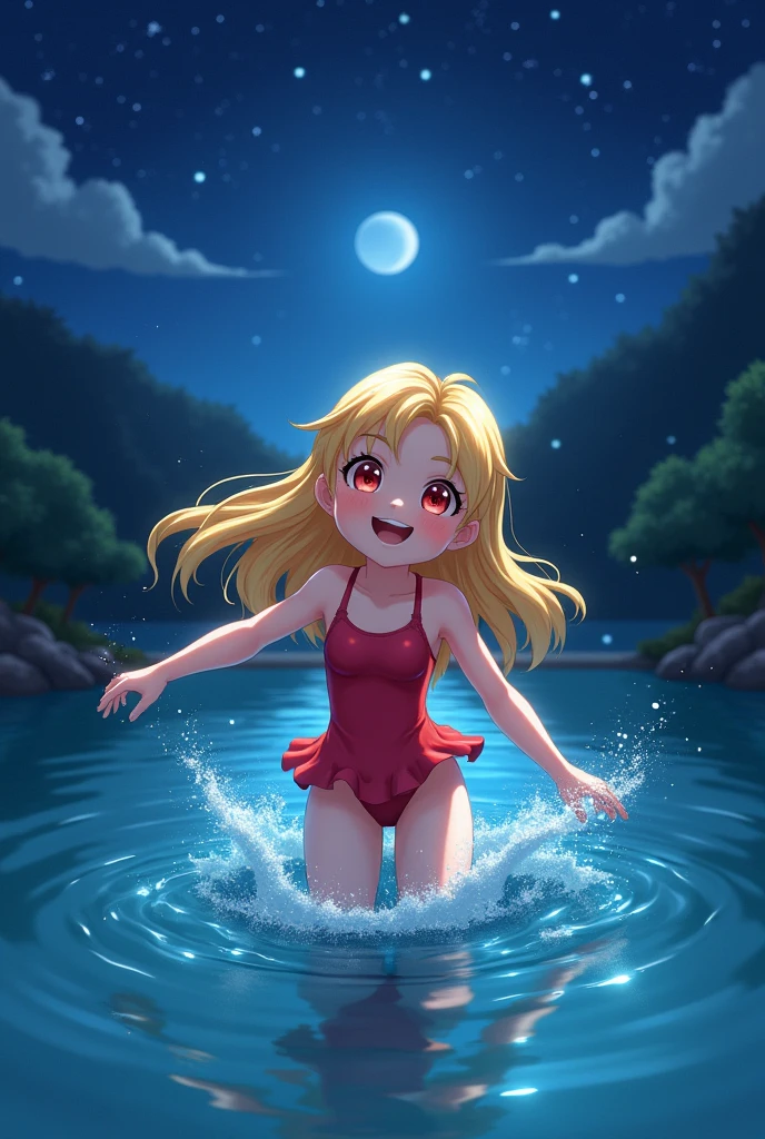 Flandre Scarlet　girl　10 years old　night　Swimwear　smile