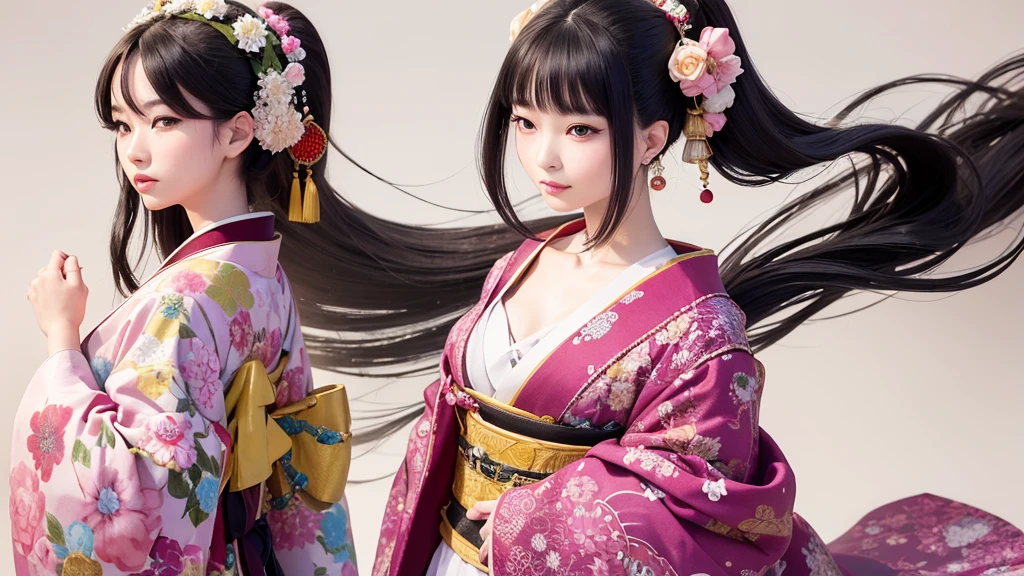 Create an illustration of a Japanese noblewoman from the Heian period, dressed in an elaborate and colorful multi-layered kimono. The kimono should feature intricate floral patterns with a combination of soft yellow, green, and pink colors. The noblewoman has long, straight black hair that flows down her back. Her face is delicate and serene, reflecting the elegance and grace of classical Japanese art. The overall style should be traditional, with attention to detail in the fabric patterns and the posture of the noblewoman, capturing the refinement of the Heian period. The background should be minimal or plain white to emphasize the figure and her clothing. face closeup