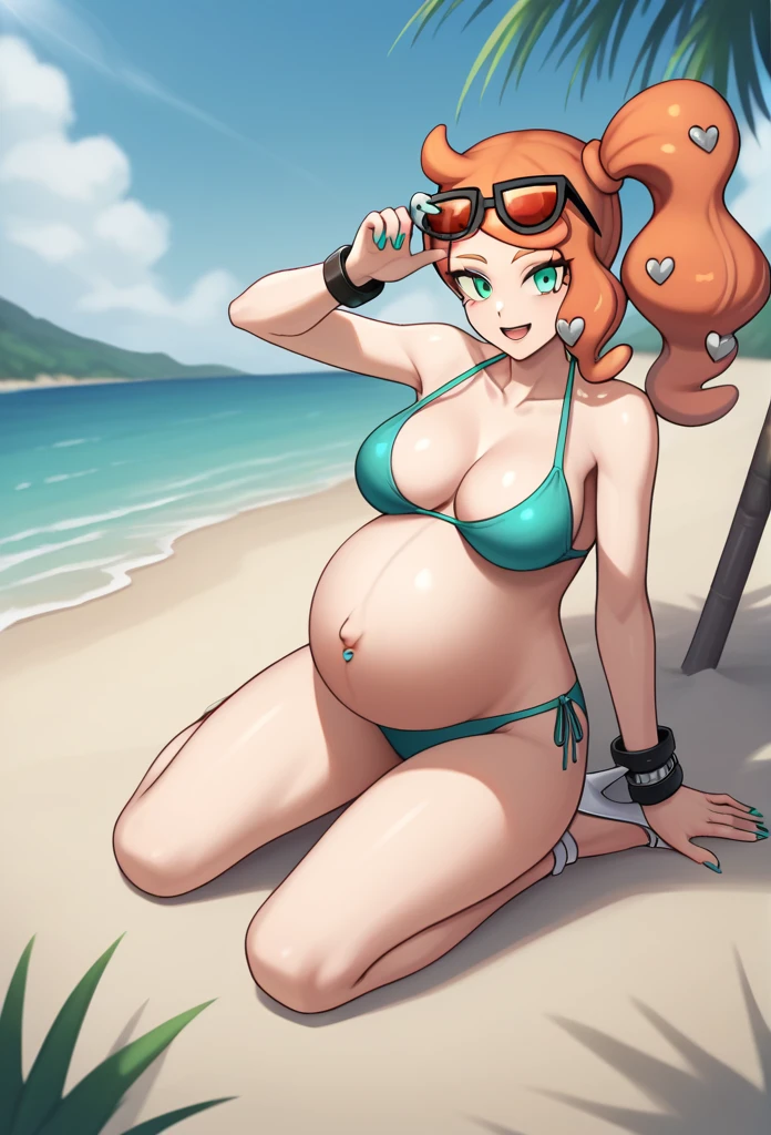 score_9, score_7_up BREAK solo,EPpkSonia,orange hair, side ponytail, aqua eyes, long hair, eyewear on head, sunglasses, heart hair ornament, aqua bikini, pregnant , big belly, Belly button piercing, cleavage, bracelet, collarbone, blue panties, nail polish, aqua nails, aqua toenails, beach, happy, white heels, aqua toenails, belly rub