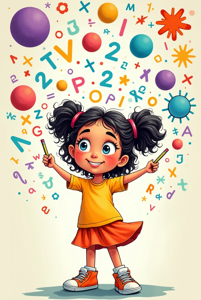 Create a cartoon image that contains a girl holding mathematical signs in her hands and with mathematical formulas in the background. 
