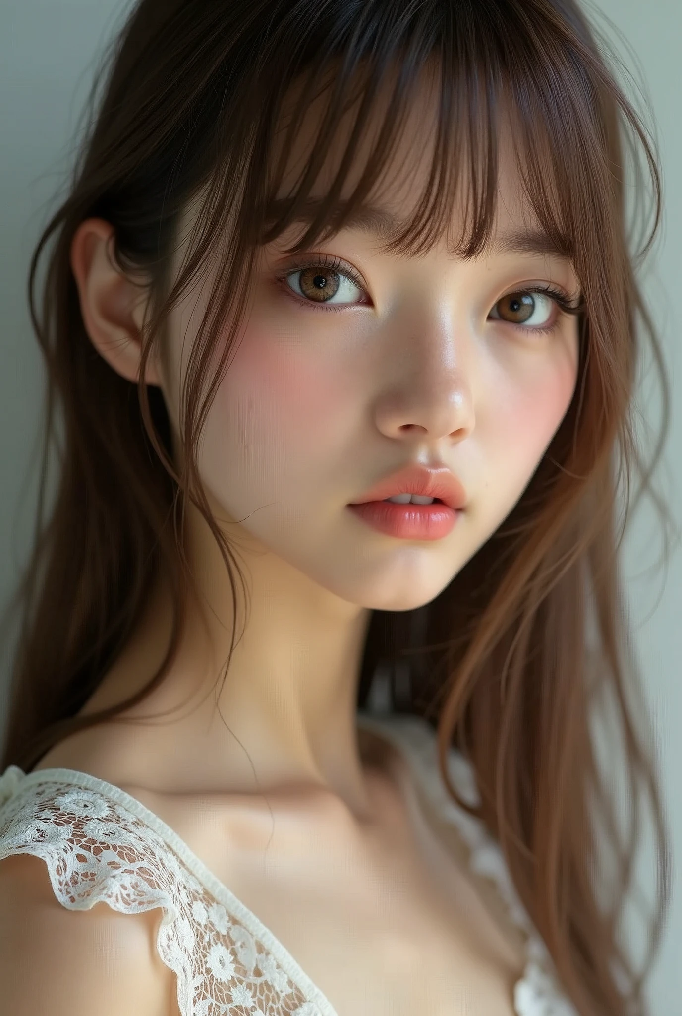Amazing face and eyes, highly detailed Beautiful face, brown straight hair, Bangs, big brown eyes, pale skin, slim, pale skin, hi-school uniform, fine face, realistic, detailed depiction, Ultra-detailed