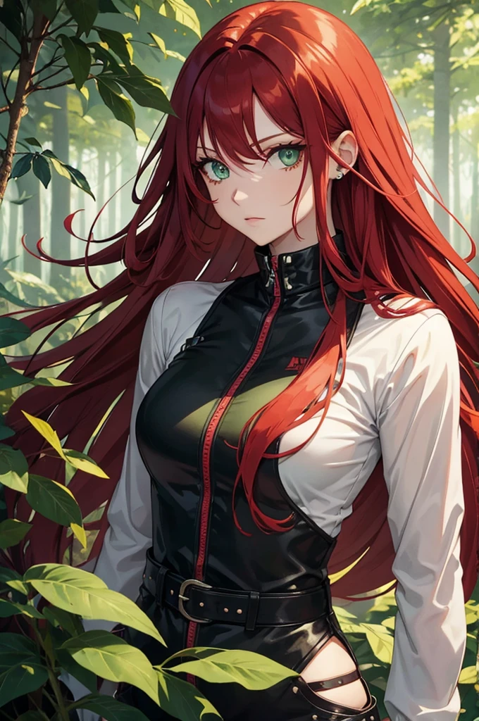 Woman punk long red hair green eyes dark forest