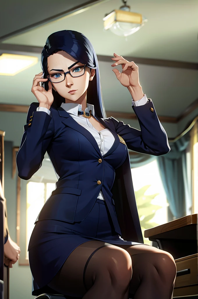 Arcane style ,Caitlynn sitting on a desk , hot , beautiful , glasses , teacher 