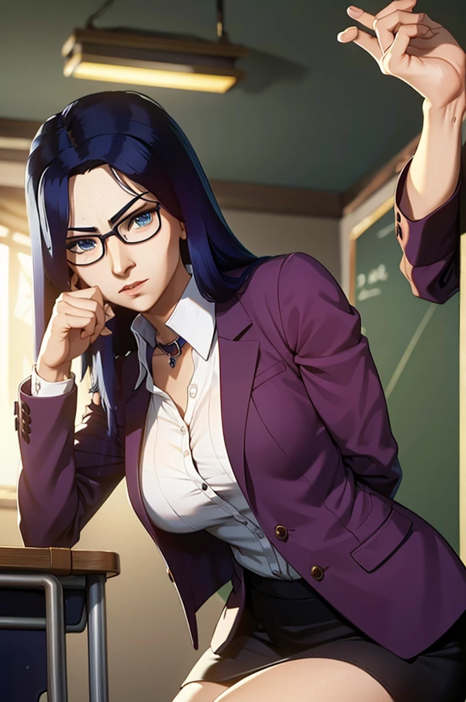 Arcane style ,Caitlynn sitting on a desk , hot , beautiful , glasses , teacher 