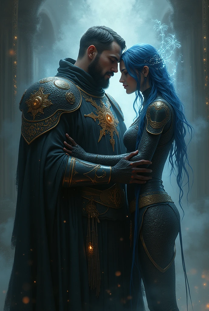 An RPG cleric who has an entity made of shadows nuzzling him from behind, the entity's fingers paint his armor.