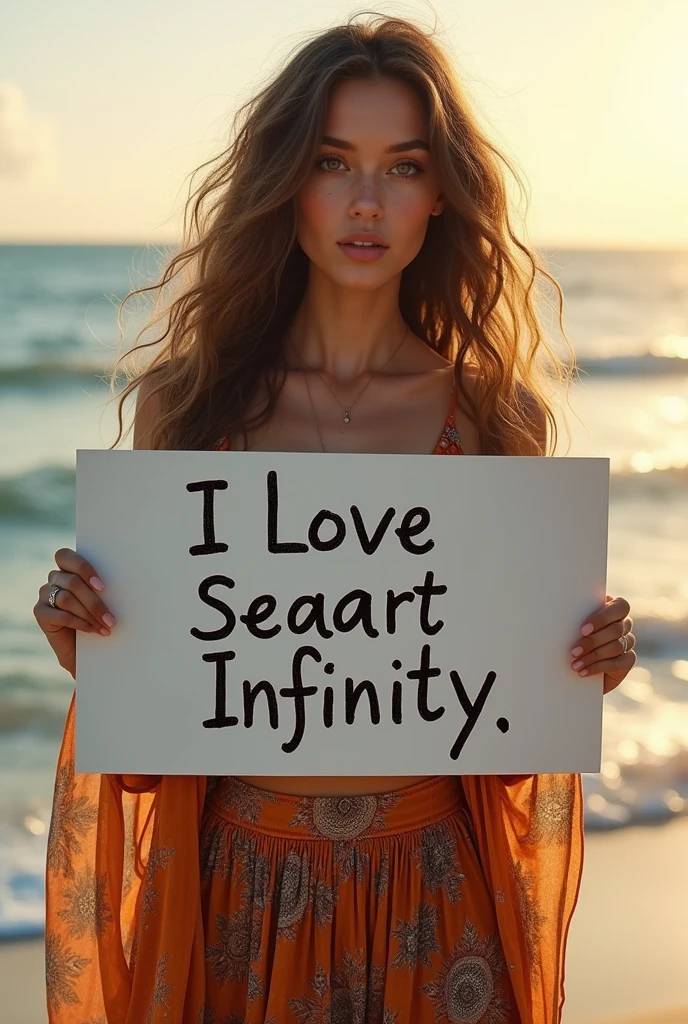 Beautiful girl with wavy long hair, bohemian dress, holding a white board with text "I Love Seaart Infinity" and showing it to the viewer