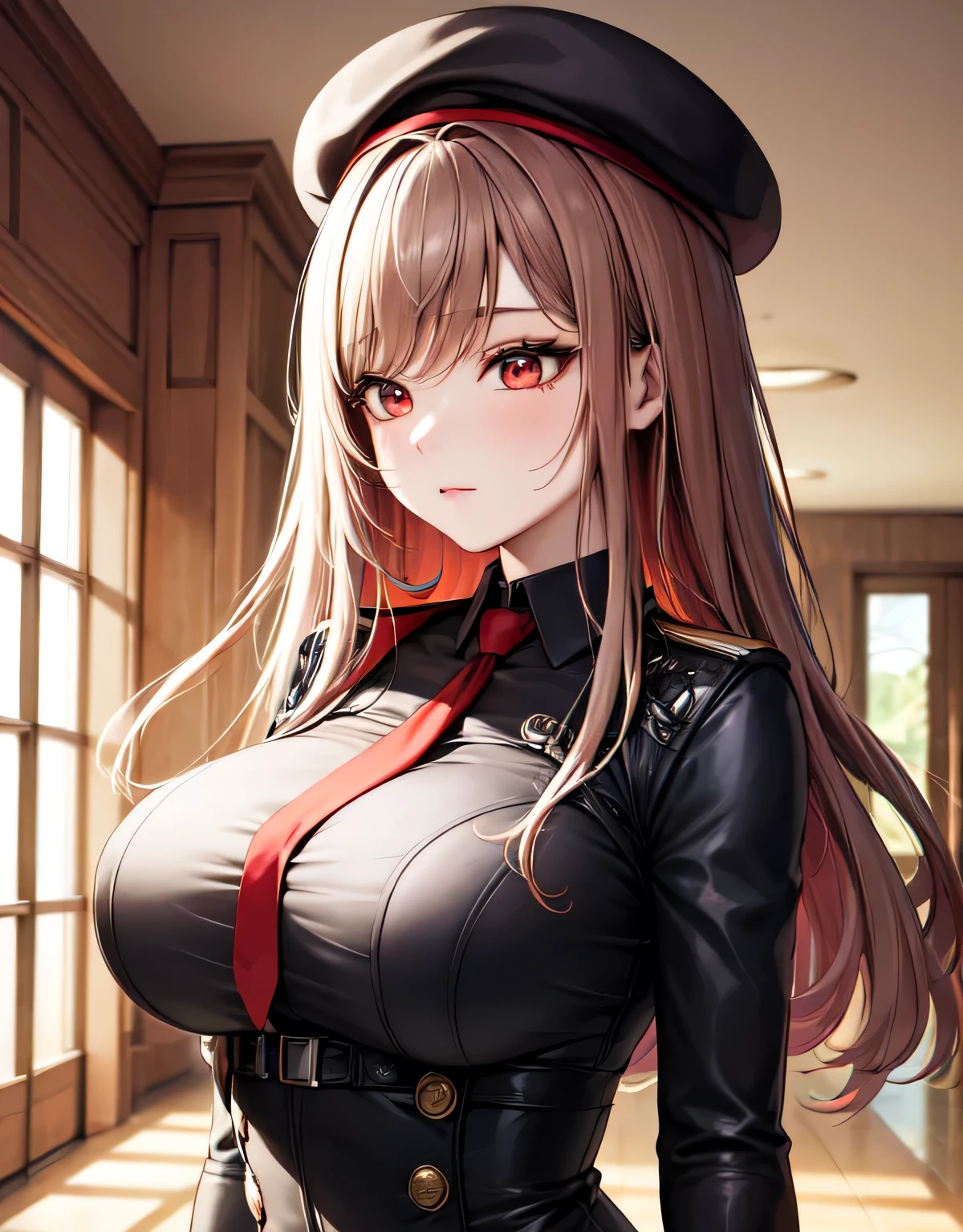 rapi nikke,(red eyes:1.1),long hair,brown hair,black leotad,beret,black hat,red necktie,black jacket,(large breasts:1.57),(shiny,hair),((solo)),((masterpiece)),((best quality)),perfect anatomy,slim waist,perfect image,8k UHD,(beautiful detailed eyes:1.5),extremely detailed face,standing,(upper body:1.25),(look at the front:1.5),arms behindback,ultra-detailed,absurdres,highres,no expression,indoor hall,