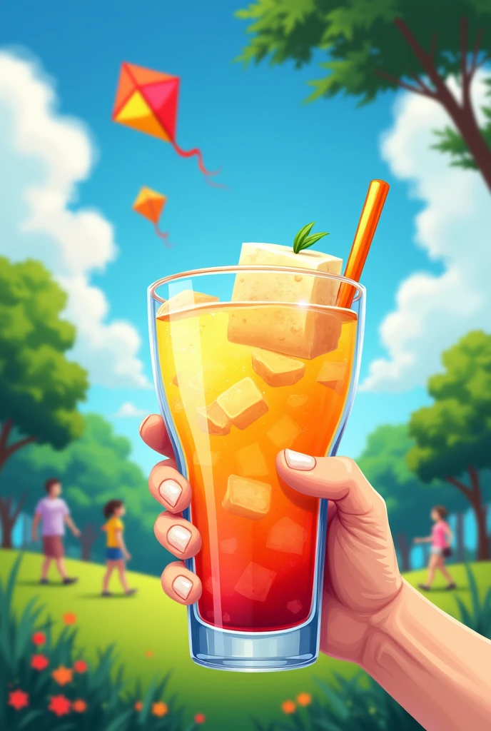 Create my logo, Set dos Drinks , make kites in the sky in a park full of people show a big glass like those in a wine cellar with a drink and square coconut ice inside, no straw or fruit just using drinks Make a character holding the cup