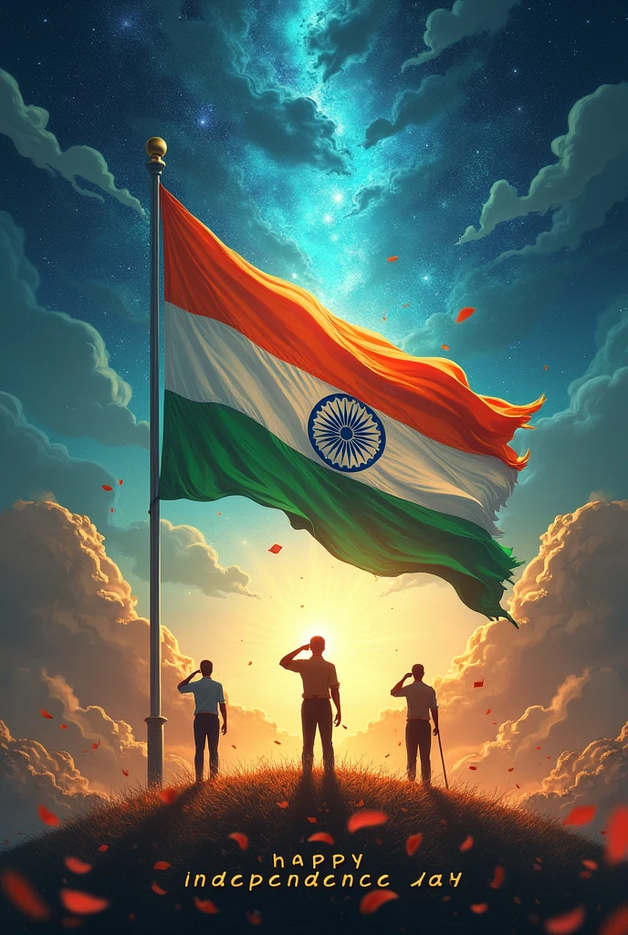 Indian flag in hd with some fantasy background with some persons saluting to the flag

It's very nice can you give another one like this

Can you add happy independence day in this