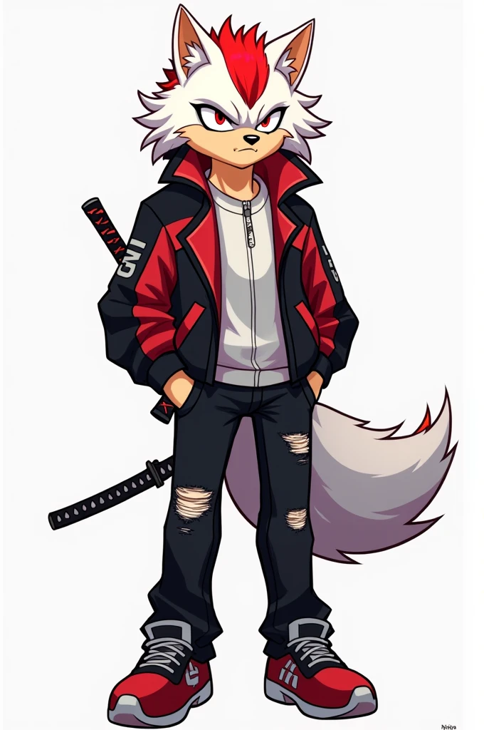 Male wolf, ((Sonic oc character)), (Male Sonic character), (White and Red colored fluffy fur), ((Red as a secondary color for the fur)), (light tan muzzle), (light tan inner ears), (1boy), (solo), (short messy hair), ((Hair has red highlights on the tips)), Black and Red Jacket, black jean pants, ((Pants have small rips on the legs in random spots)), (Ninja katana sheathed and on left hip), fringe_trim, emotionless expression, Red eyes, ((Mobian))