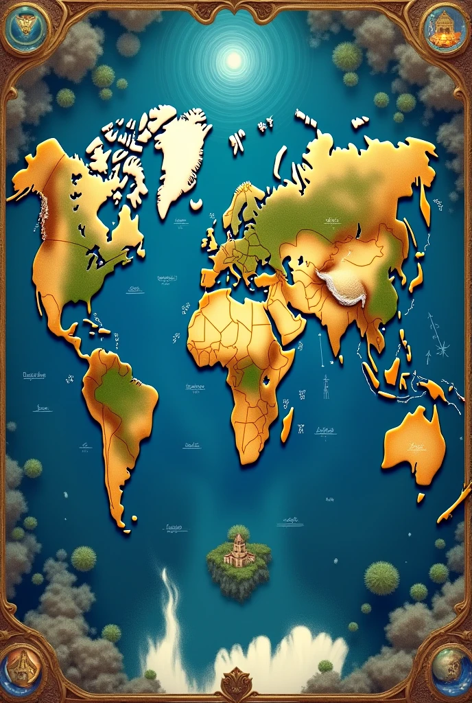 World map with all continents and the lost continent of Mu, Atlantis, Zealand, Lemuria and Thule 
