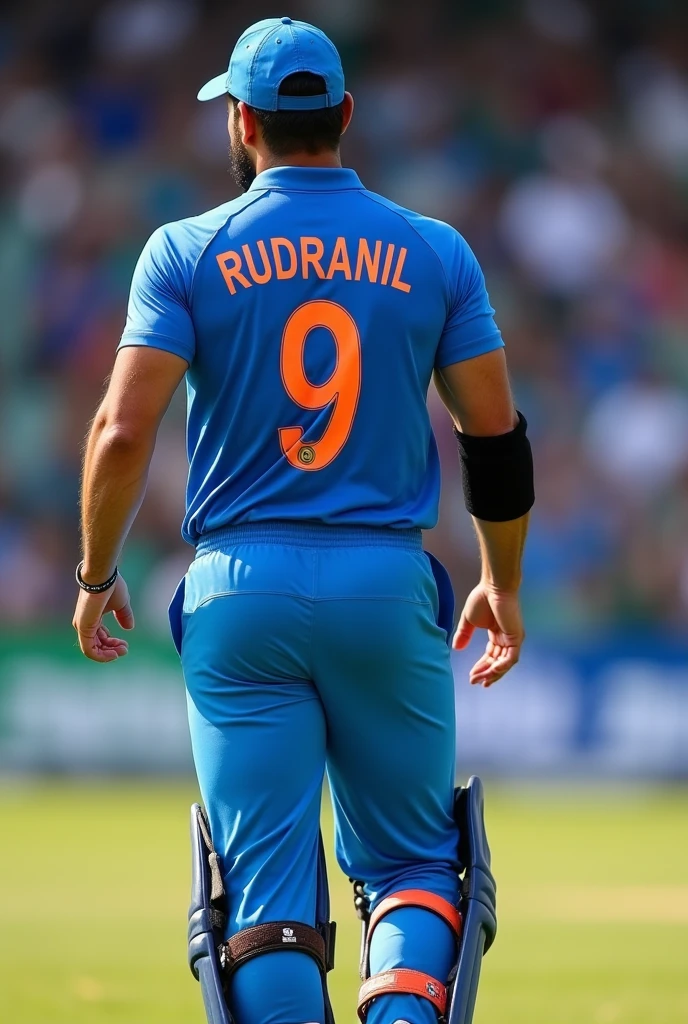 Create a Cricket Player wearing  Indian Cricket Jersey with number 9 and Name in the jersey is Rudranil. Make it muscular . He is fielding  He is also wearing blue cap . Make sure that there is no credit text in the image  Remove the Beard