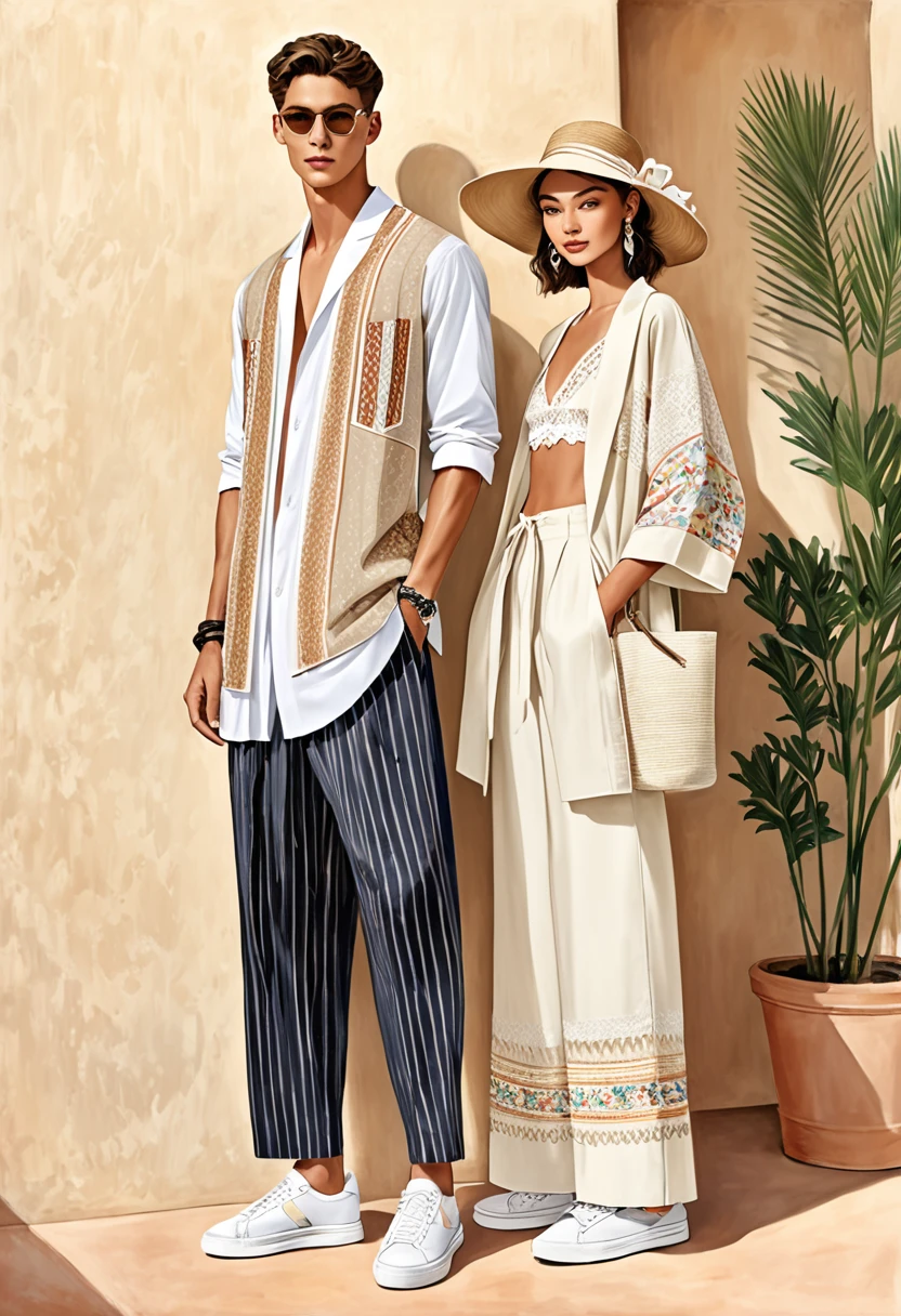 candid fashion illustration of young 2man and 1girl, aged 18-23 year old, tall and slender, Mixed race male super model, ((showcase fashion in a cotton outfits inspired by designer Christian Dior resort collection 2023)), in elegant modern Trible style with ((ethnic woven details)), natural Earth tone color. The 1st man wears an oversized shirt with Trible embroidery and lace details, paired with slim-fit Pants, semi hard bugle. The 2nd man complements him in a white lace shirt and patchwork Yukata, paired with big striped Drawstring short, side entry pockets and completes the look with white sneakers, glasses. the woman wearing a dress in cotton woven, ethnic pattern detail, frill-trimmed with lace, Her ensemble includes an accessorizes with a wide-brimmed straw hat, white sneakers. Captured all in a ((full-body pose)), ((pencil color drawing on white paper)), realistic pencil lines, imperfect drawing, charcoal lines detail, fading sketch, fashion Sketching, low angle view, (full body image)