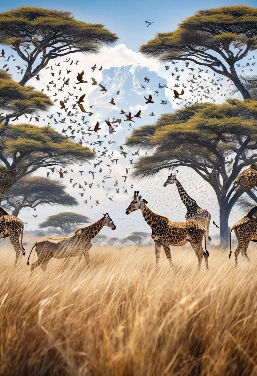 ((Double Exposure)) ((Photography)) of the ((Lions, antelopes, giraffes)) and ((grass and trees)) and ((birds flying in the sky)) blending together in the word ((WILDLIFE)), artfully captured with a ((70mm lens)) on a ((clear sunny day)), intricate details and ((hyperrealistic)) patterns that draw the eye, providing a unique and creative way to showcase this breathtaking scene. ((Unreal Engine 5)) ((Rendered))