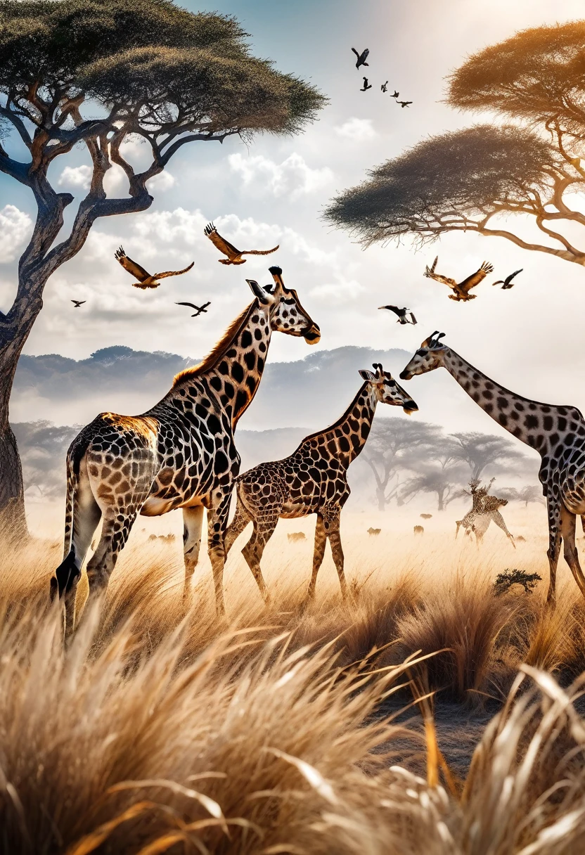 ((Double Exposure)) ((Photography)) of the ((Lions, antelopes, giraffes)) and ((grass and trees)) and ((birds flying in the sky)) blending together in the word ((WILDLIFE)), artfully captured with a ((70mm lens)) on a ((clear sunny day)), intricate details and ((hyperrealistic)) patterns that draw the eye, providing a unique and creative way to showcase this breathtaking scene. ((Unreal Engine 5)) ((Rendered))