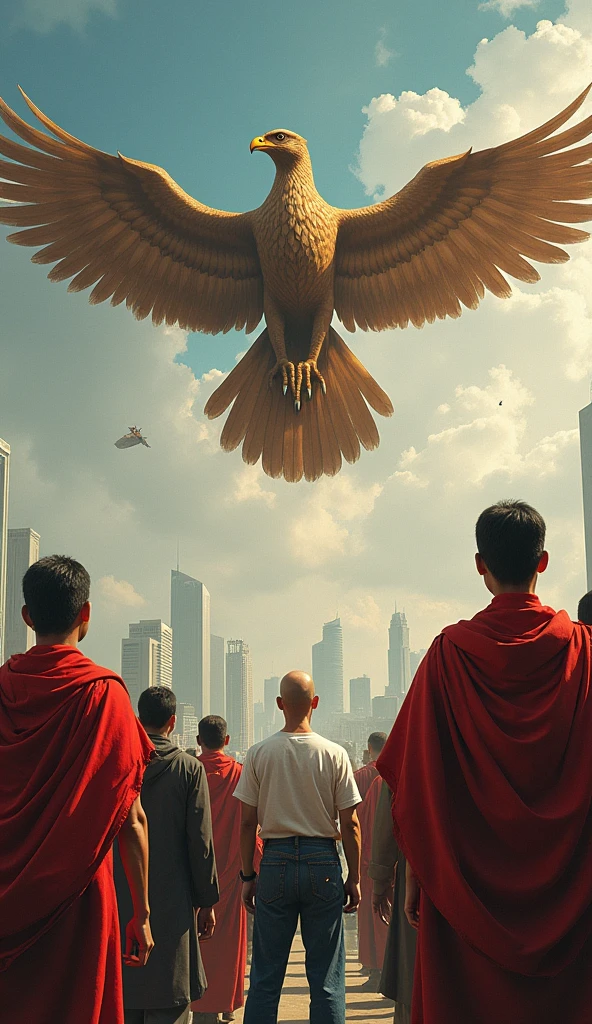 painting of Indonesian independence with the Garuda letter and heroes and the capital city of the archipelago, asian old man, handsome face even though he is bald, thin and the shortest in height compared to the otherswith, wearing white t-shirt and jeans, with the other look at the sky, the eagle flapped its beautiful wings, flying above them, hyperrealistic, detailed, 8K UHD Image