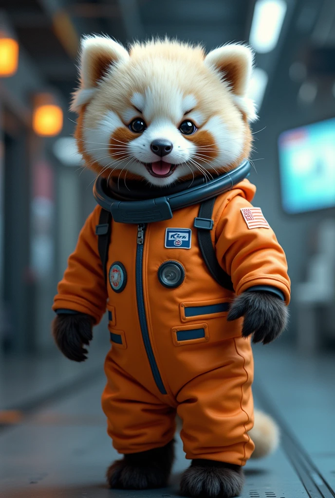 A very beautiful kitten baby panda wear a space suit inside internation space station