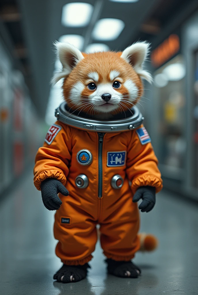 A very beautiful kitten baby panda wear a space suit inside internation space station