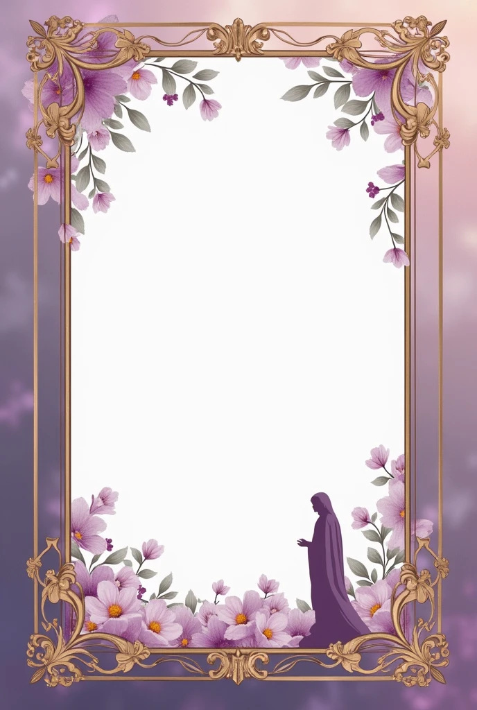 Frame for a novena invitation card and religious celebration in lilac and gold with the silhouette of a virgin