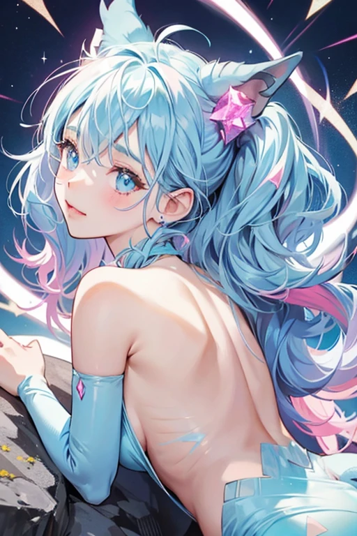 Rock is a light blue girl rhino with stone-like spots that fade from yellow to pink, all over her body. Rock also has dark pink ears and tail, two white horns, and red cheeks. SPARKLE; GLITTER