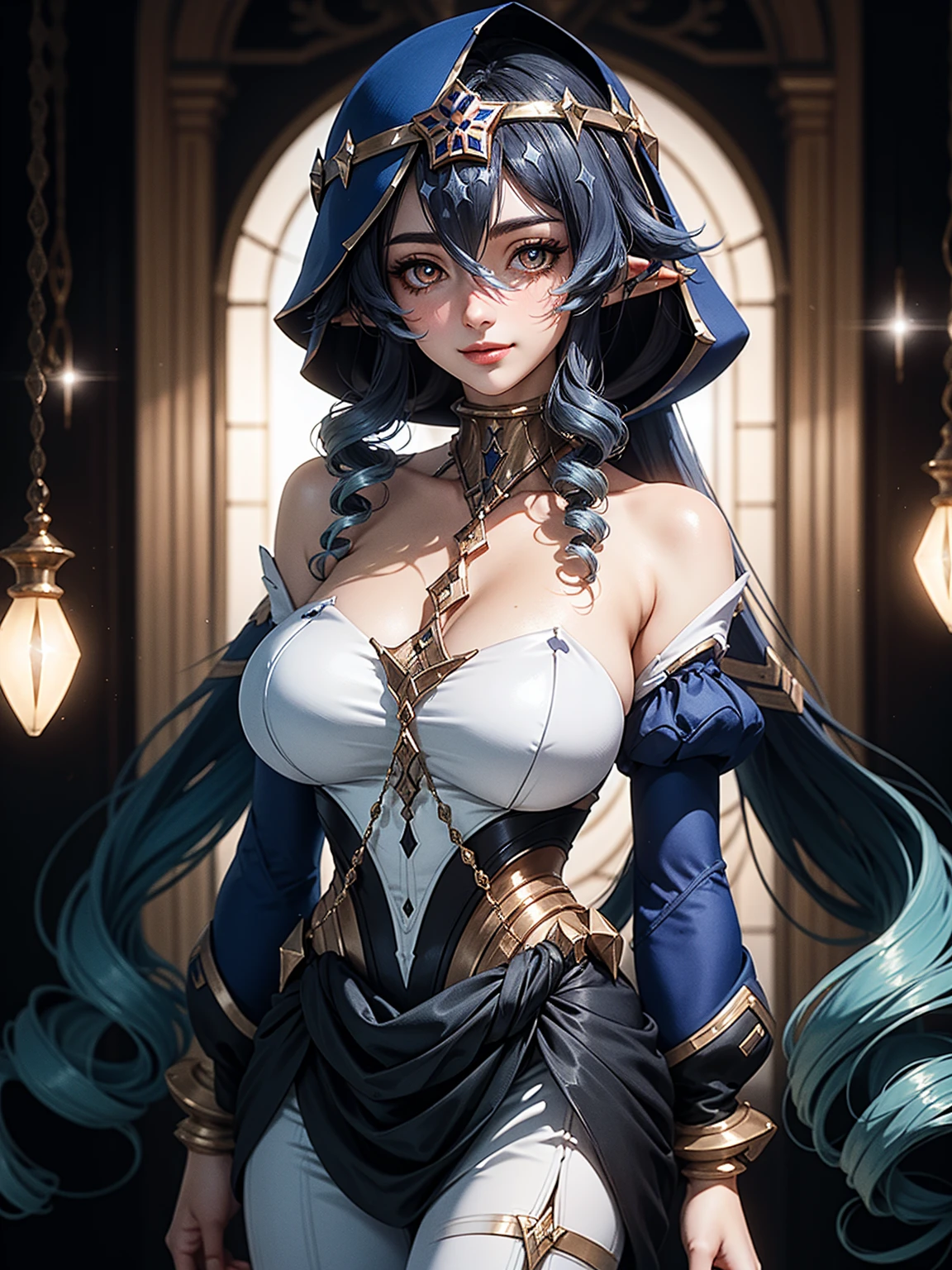 masterpiece, Super detailed, high quality, 8k CG, Huge breasts, layladef, night, blush, smile, Bright Eyes, Are standing, (Shining Eyes:1.5), Upper body details, Arms crossed,