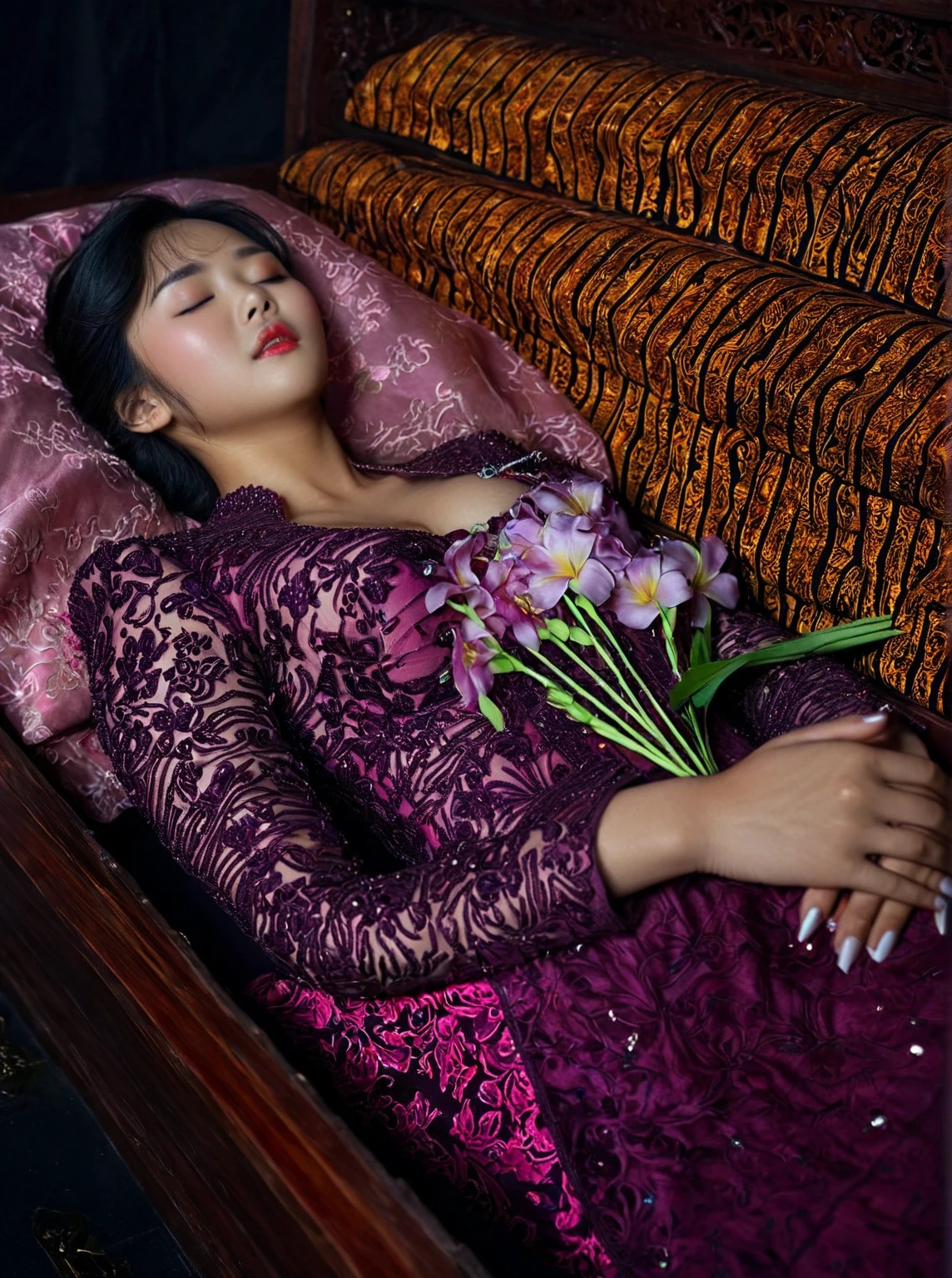 In a striking 8K HDR scene, a stunning Korean woman, 22 years old, lies peacefully in a coffin and coffin cover surrounded by plush pillows behind head. The deep box is set against a rich black background, accentuating the beauty of the subject. Her exquisite deep-V neckline kebaya attire is embroidered with superb detail, showcasing her round and firm breasts, perfect cleavage, and beautiful eyebrows. Her closed eyes and mouth give an air of serenity, while her visible and absolute cleavage leave nothing to imagination. The scene is bathed in saturated colors, highlighting every intricate aspect from the ball skirt to her clean face, straight body, detailed hand perfect hands, straight body, own hands together, own hand on stomach, detailed hands, perfect hands, holding the flowers, wearing high heels