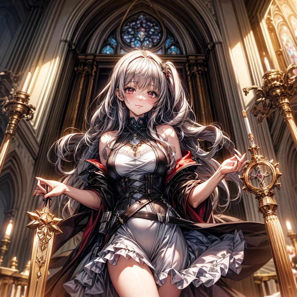 quality\(8k,Highly detailed CG unit wallpaper, masterpiece,High resolution,top-quality,top-quality real texture skin,Surreal,Increase the resolution,RAW Photos,最高quality,Very detailed,From below,Cool Beauty,Glamour Women, Cute pose,Gothic_dress,Red Embroidery,Silver_Shiny long hair, Queen, world, Crystal Flower,Sparkling stained glass like a kaleidoscope,Majestic cathedral,Layered skirt with details, Detailed embroidery, Very layered ruffles, Detailed Texture,A geometric magic circle above your head,装飾されたSilverの聖杖,