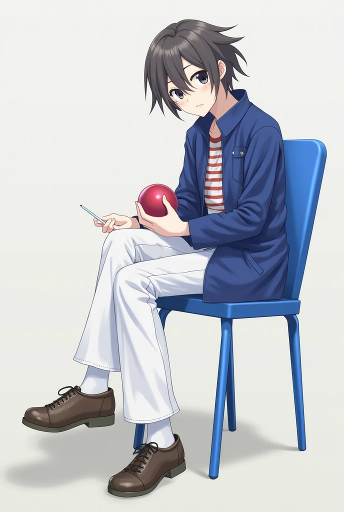 18  age Cut to blue chair sitting on right leg left leg blue coat white pen 
The right hand holds a red ball
Looking at the camera, straight ahead
After full pants