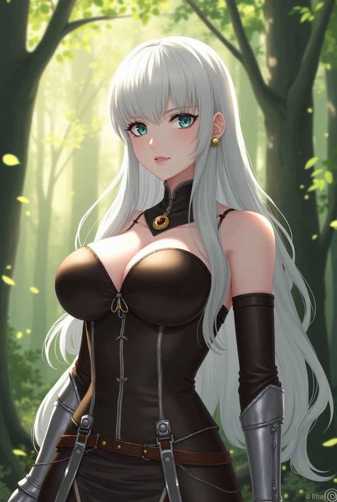 score_9, score_8_up, score_7_up, score_6_up, VitWaterStyle, 1girl, beautiful, white hair, long hair, bangs, fair skin, big breasts, leather armor, sword, forest, dappled sunlight, upper body, looking at viewer