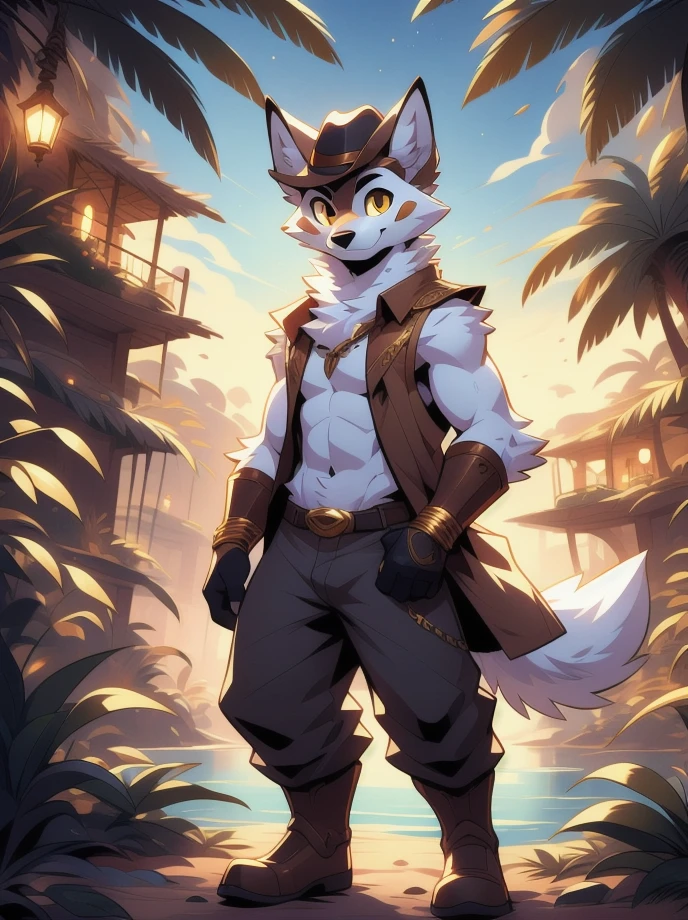 Cartoon character,high quality illustration,furry masculino,body color white, details on the red face,yellow eye color, white wolf ears,red color at the tips of the ears, black cowboy hat,brown sleeveless jacket with gold details,wearing no shirt,gray hand hair color, exploration pants,illuminated place,giorno,Oasis.