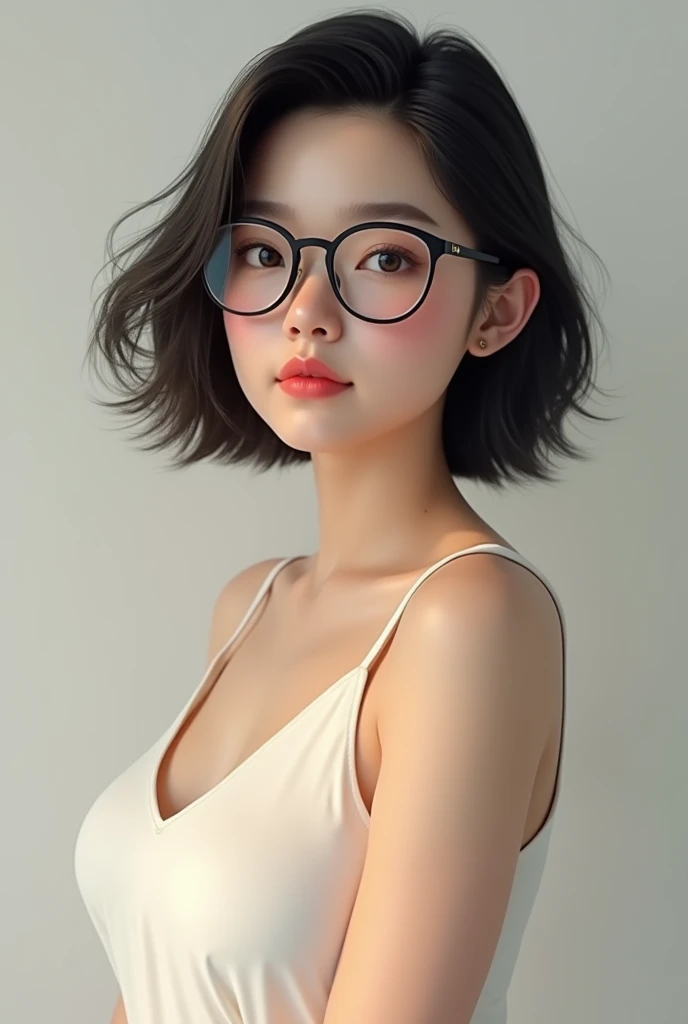 Best quality, masterpiece, ultra high res, (photorealistic:1.5), raw photo, 1girl, offshoulder, in the dark, deep shadow, low key, cold light, cold face look, short hair, glasses, T-shirt