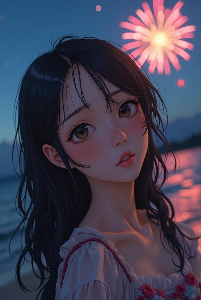 Japanese，Age 18，Young Girls，Randomly generate people with various facial features and hairstyles，Perfect anatomical structure,ocean，beach，Fireworks，Night Sky，Launch Fireworks， ocean，Sweet girl，photo shoot，magazine photography