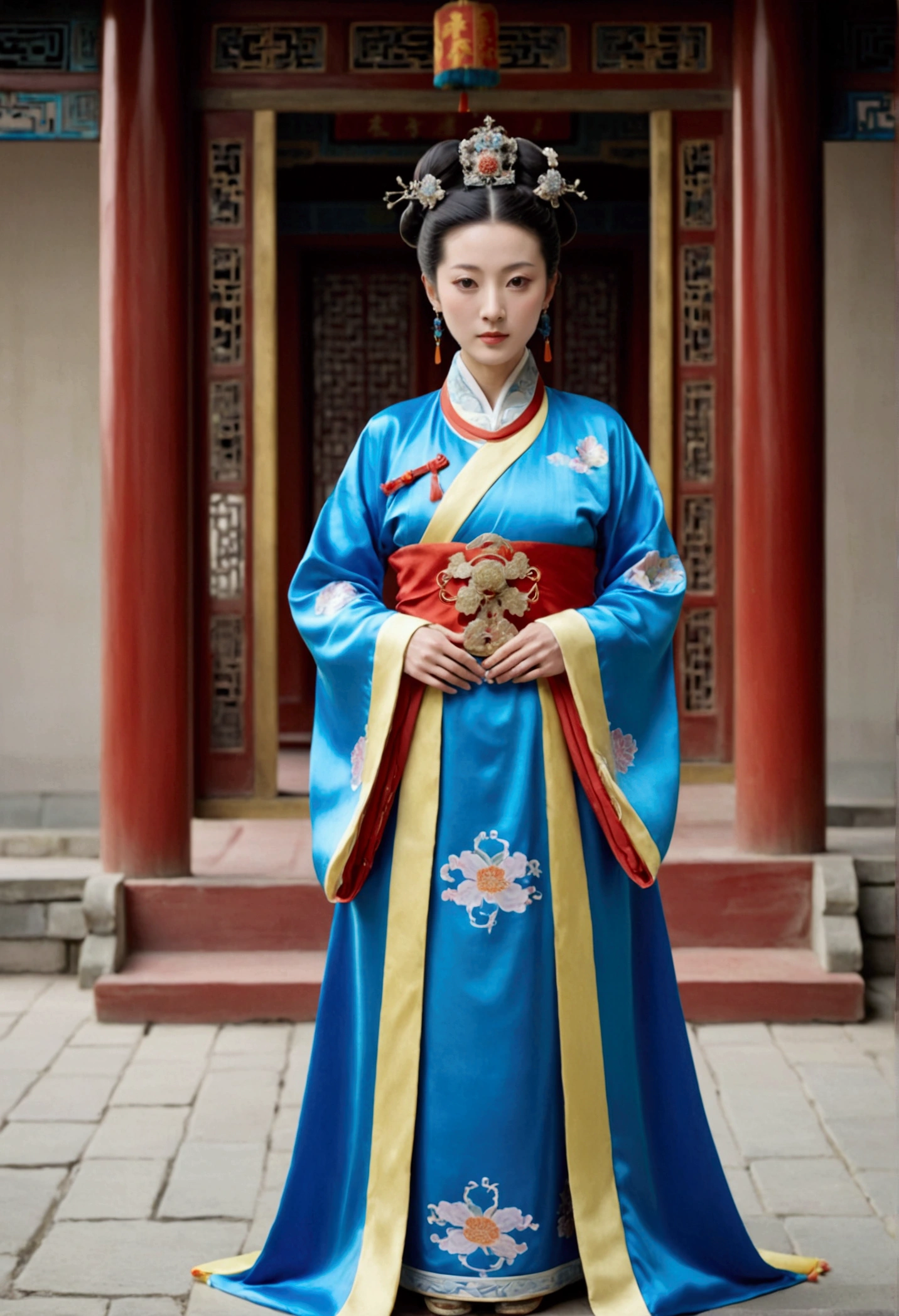 A woman seen from the front, standing full-body, facing forward, wearing a crown and floral hairpin of a Qing dynasty empress in the Chinese imperial court of the Qing dynasty, showing her chest, lower abdomen, thighs and feet。She is wearing no underwear, and her large breasts are exposed, right down to her bare stomach. Her body is tied up and pulled up, and the background is the stone pavement of the Chinese palace during the Qing dynasty.