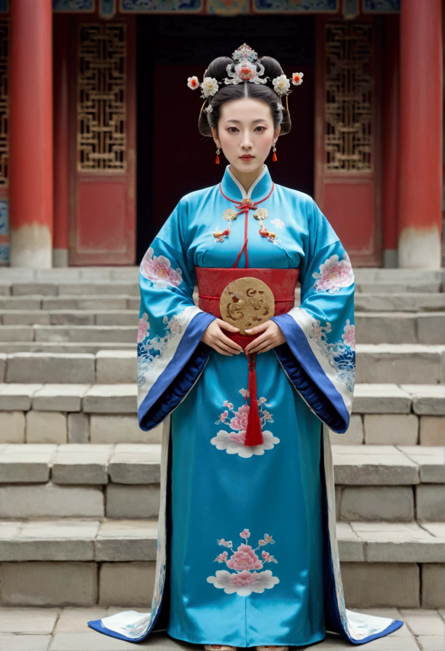 A woman seen from the front, standing full-body, facing forward, wearing a crown and floral hairpin of a Qing dynasty empress in the Chinese imperial court of the Qing dynasty, showing her chest, lower abdomen, thighs and feet。She is wearing no underwear, and her large breasts are exposed, right down to her bare stomach. Her body is tied up and pulled up, and the background is the stone pavement of the Chinese palace during the Qing dynasty.