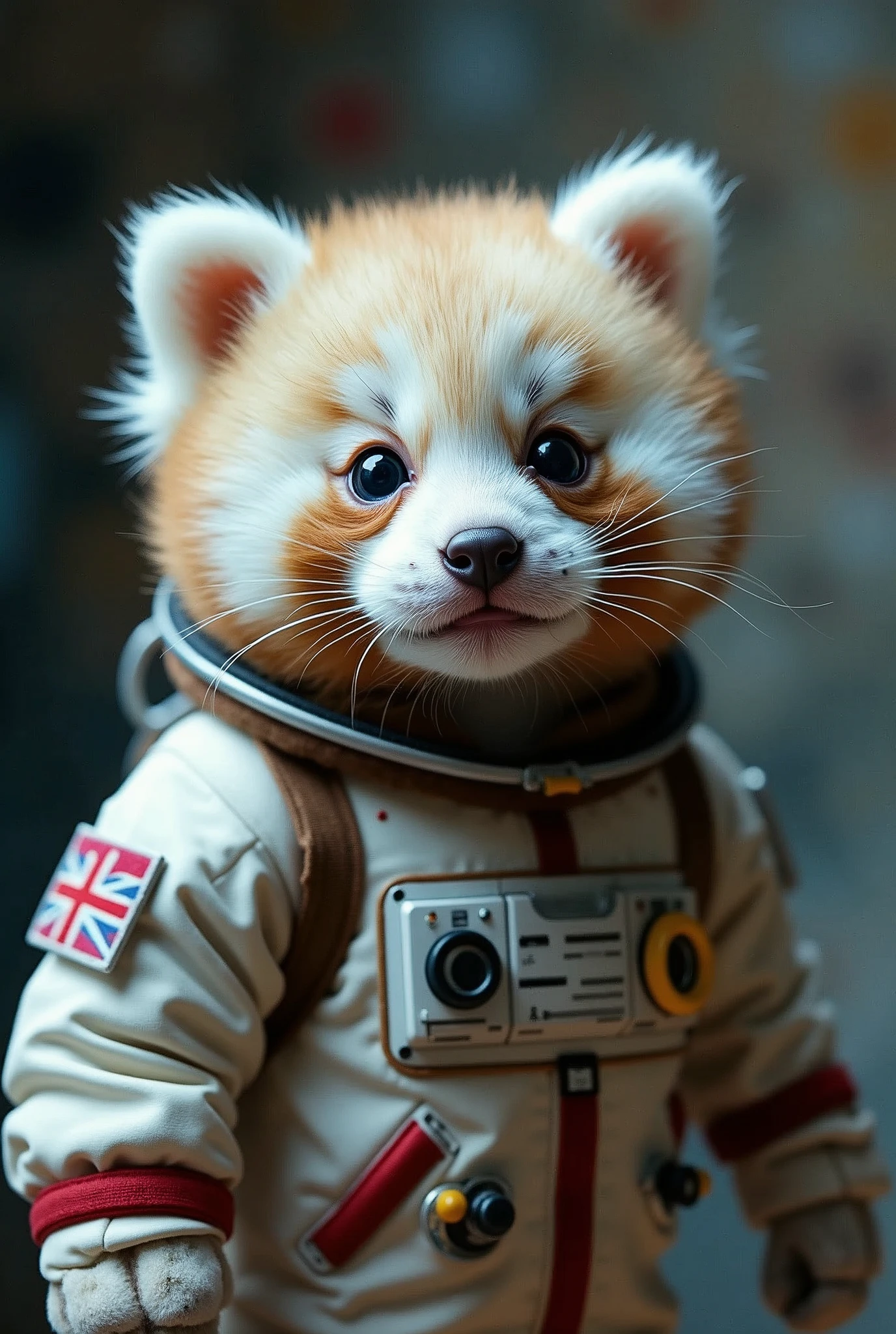 A very beautiful kitten panda wear a space suit inside internation space station