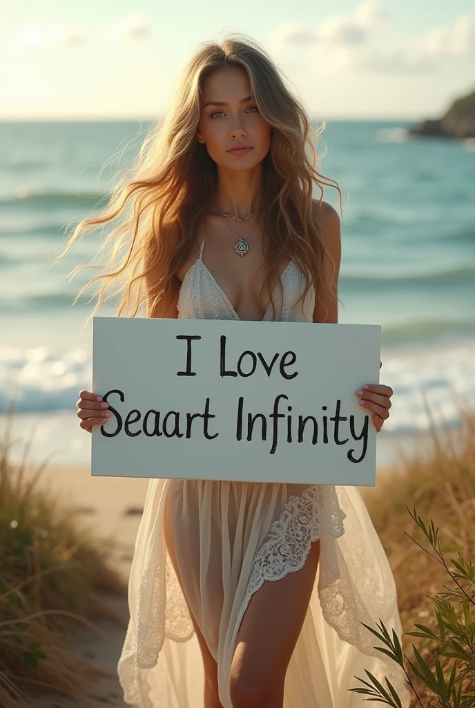 Beautiful girl with wavy long hair, bohemian dress, holding a white board with text "I Love Seaart Infinity" and showing it to the viewer