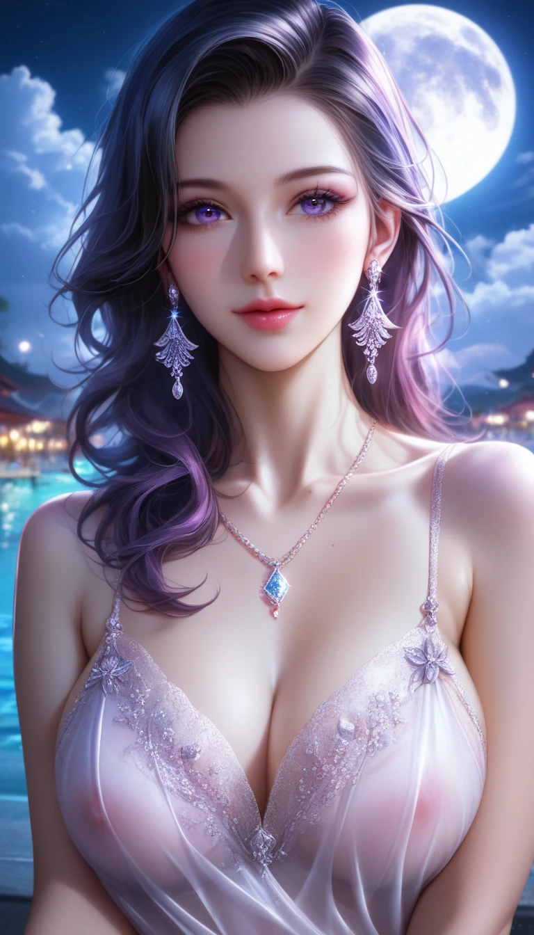 score_9, score_8_superior, score_7_superior, A masterpiece in 32K resolution,Highest quality,it is really amazing,Very detailed,Ultra-high resolution,Ultra-realistic,Realistic,Increased depth of field,Cinematic lighting,
Sexy mature Japan woman,
black straight medium hair,Ultra-detailed and beautiful face,Gentle expression,Translucent white skin,Realistic skin texture,
Elegant swimwear,
Bold design,Artistic design,Beautiful and detailed pattern,Detailed fabric texture,
Gorgeous necklace,Earrings,
Coastline at night,Giant Moon,Dark clouds floating in the dark night sky,
Cinematic Angle,
