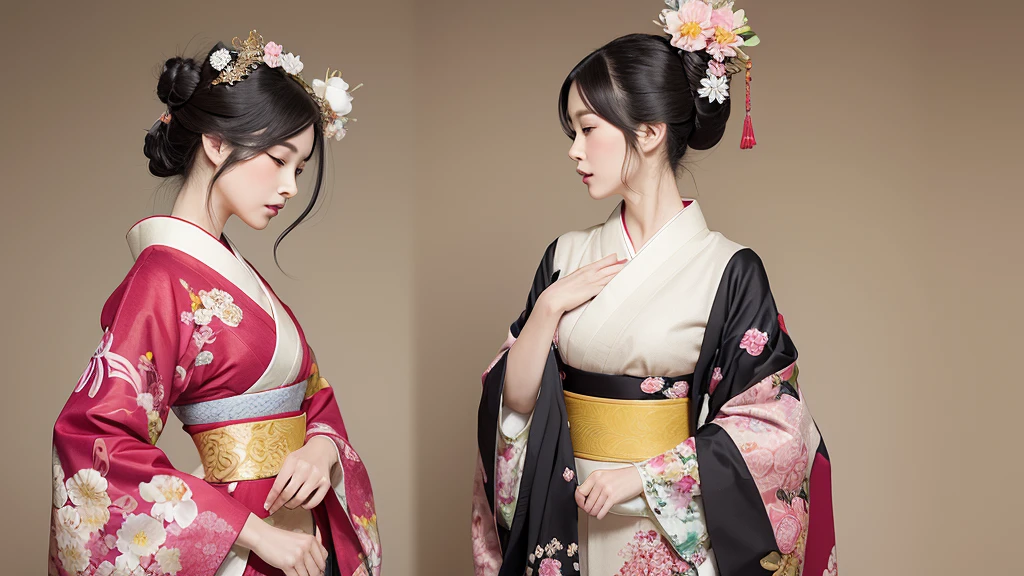 Create an illustration of a Japanese noblewoman from the Heian period, dressed in an elaborate and colorful multi-layered kimono. The kimono should feature intricate floral patterns with a combination of soft yellow, green, and pink colors. The noblewoman has long, straight black hair that flows down her back. Her face is delicate and serene, reflecting the elegance and grace of classical Japanese art. The overall style should be traditional, with attention to detail in the fabric patterns and the posture of the noblewoman, capturing the refinement of the Heian period. The background should be minimal or plain white to emphasize the figure and her clothing.