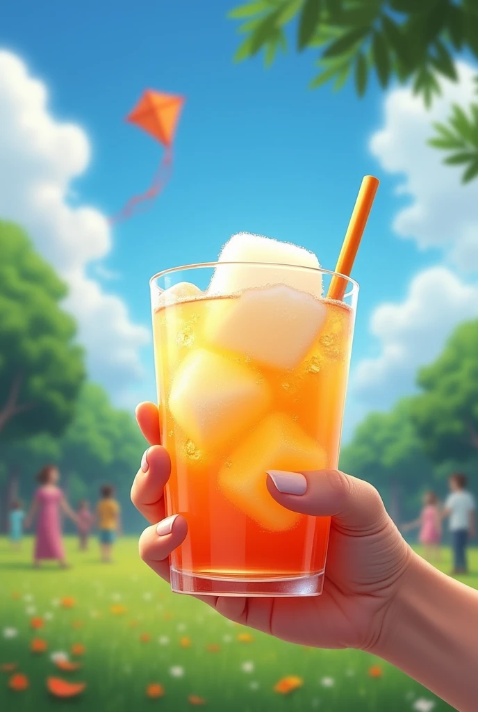 Create my logo, Set dos Drinks , Fly kites in the sky in a park full of people Show a large glass like those in a wine cellar, 700ml with a drink and large square coconut ice inside, just a big ice!!, no straw or fruit just using drinks !!
Make a character holding the cup